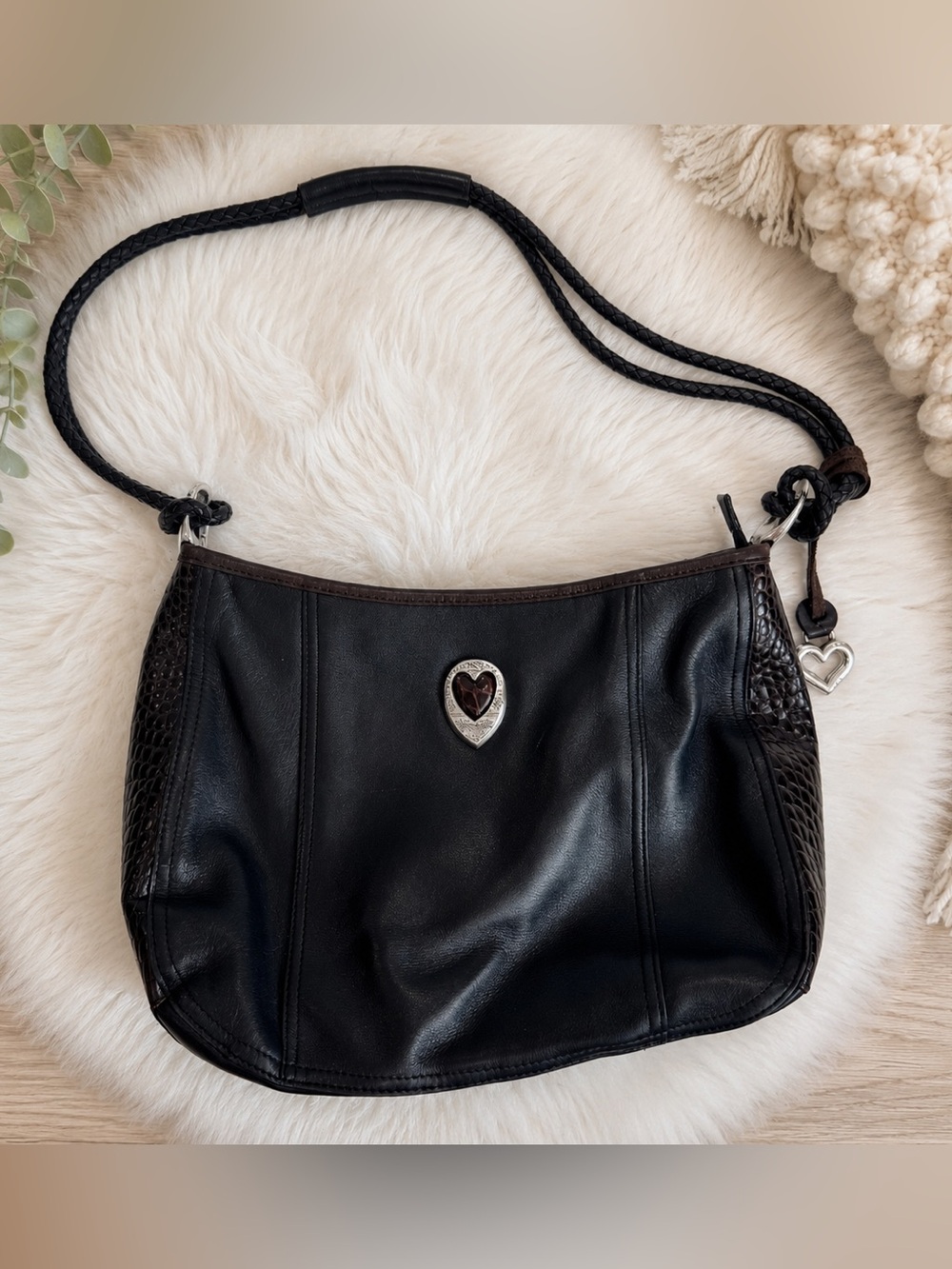Brighton Black Leather Shoulder Bag Croc Embossed Heart Charm